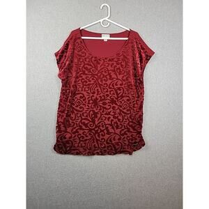 Ava & Viv Red Wine Floral Velour SS Lined Holiday Blouse Women's Plus X Stretch
